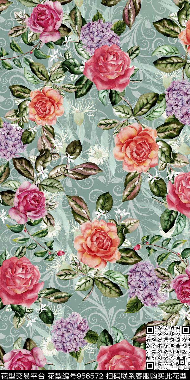 素雅数码华亿平台手绘花卉数码印花华亿平台下载（图片编号: 956572） - 瓦栏（Walan）
