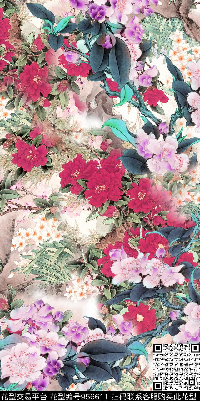 小碎花手绘花卉水墨风数码印花华亿平台下载（图片编号: 956611） - 瓦栏（Walan）