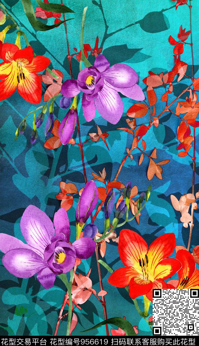 植物花卉定位花数码印花华亿平台下载（图片编号: 956619） - 瓦栏（Walan）