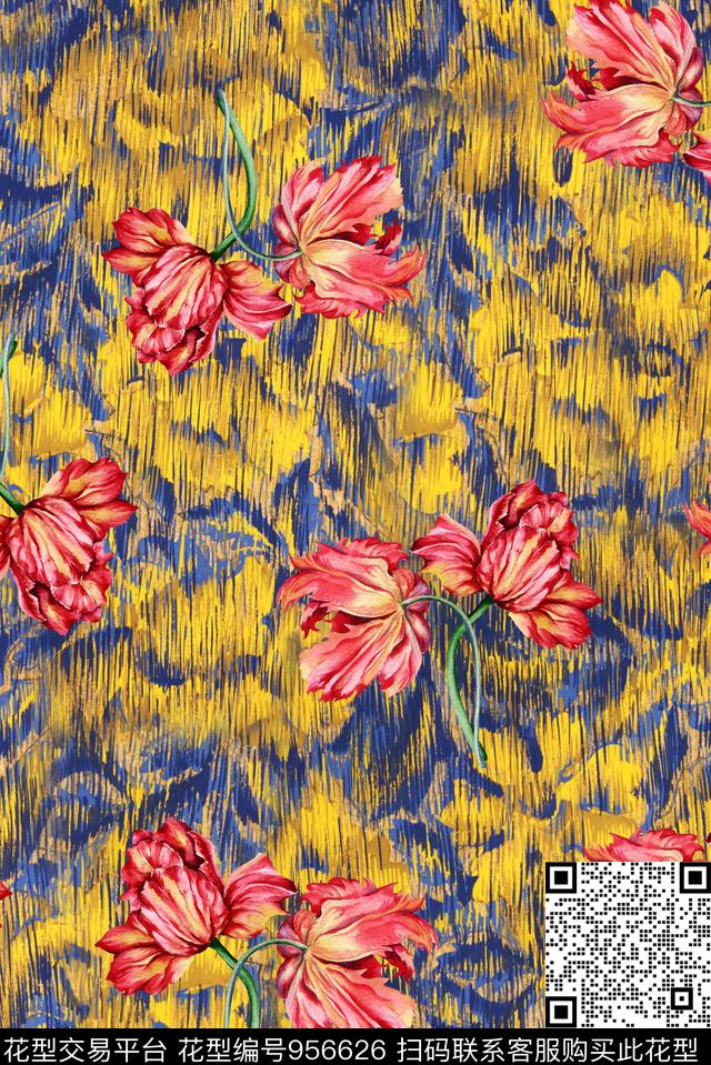 郁金香花卉手绘花卉数码印花华亿平台下载（图片编号: 956626） - 瓦栏（Walan）