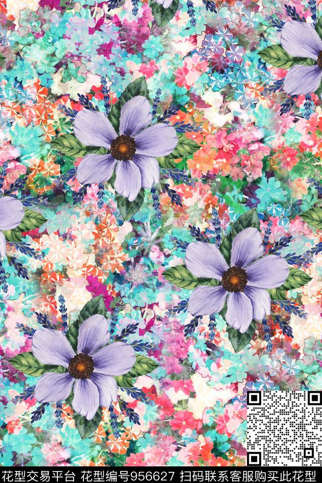 花卉手绘花卉满版散花数码印花华亿平台下载（图片编号: 956627） - 瓦栏（Walan）