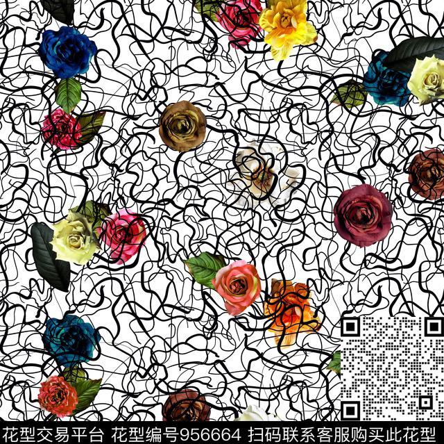 条纹花卉几何数码印花华亿平台下载（图片编号: 956664） - 瓦栏（Walan）