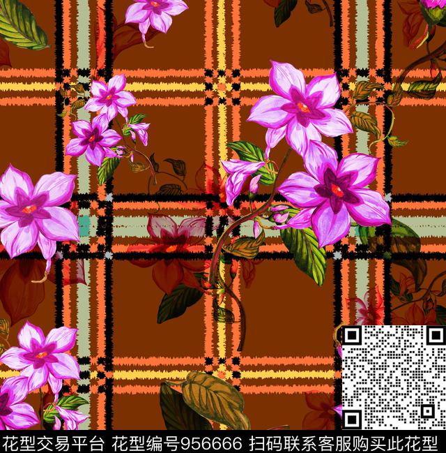 格子花卉几何数码印花华亿平台下载（图片编号: 956666） - 瓦栏（Walan）
