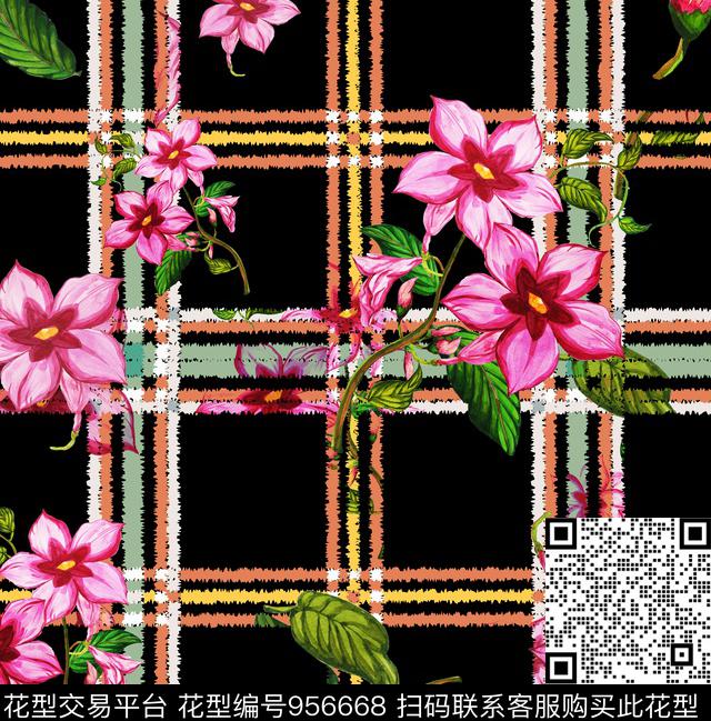 格子花卉几何数码印花华亿平台下载（图片编号: 956668） - 瓦栏（Walan）