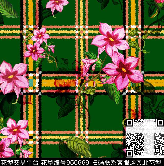 格子花卉几何数码印花华亿平台下载（图片编号: 956669） - 瓦栏（Walan）