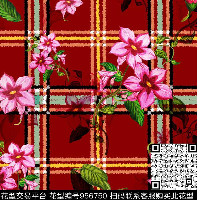 格子花卉几何数码印花华亿平台下载（图片编号: 956750） - 瓦栏（Walan）