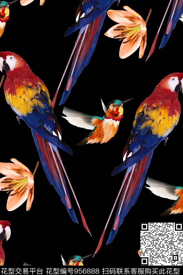 植物鸟飞行动物数码印花华亿平台下载（图片编号: 956888） - 瓦栏（Walan）