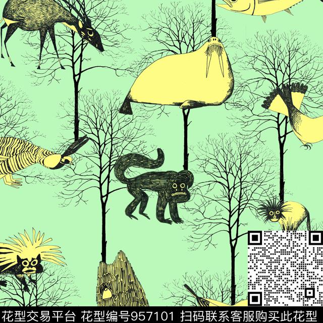 休闲树枝动物数码印花华亿平台下载（图片编号: 957101） - 瓦栏（Walan）