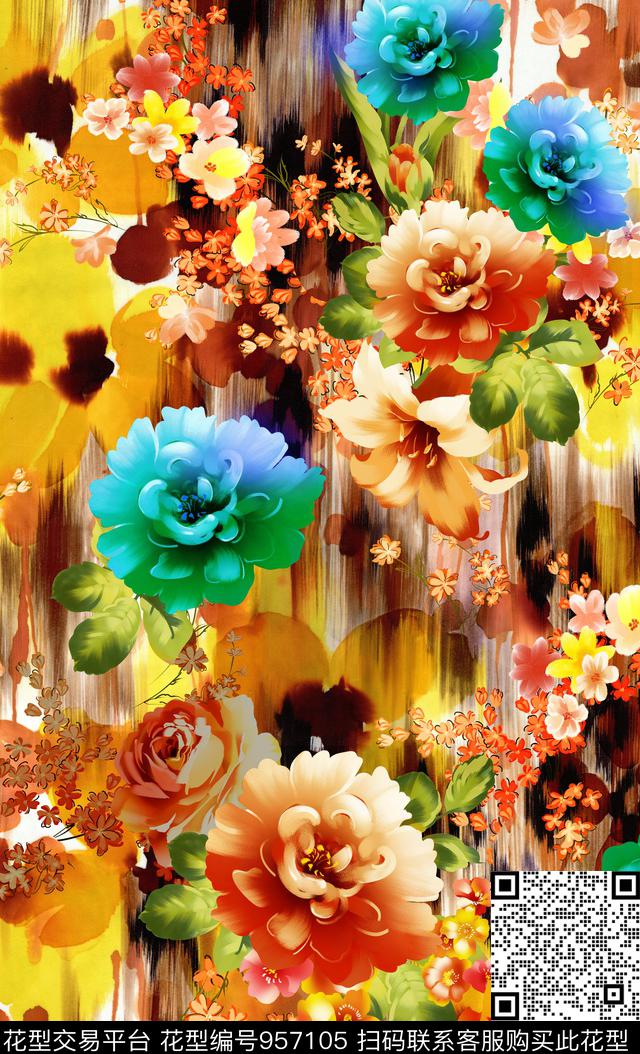 数码华亿平台大花花卉数码印花华亿平台下载（图片编号: 957105） - 瓦栏（Walan）