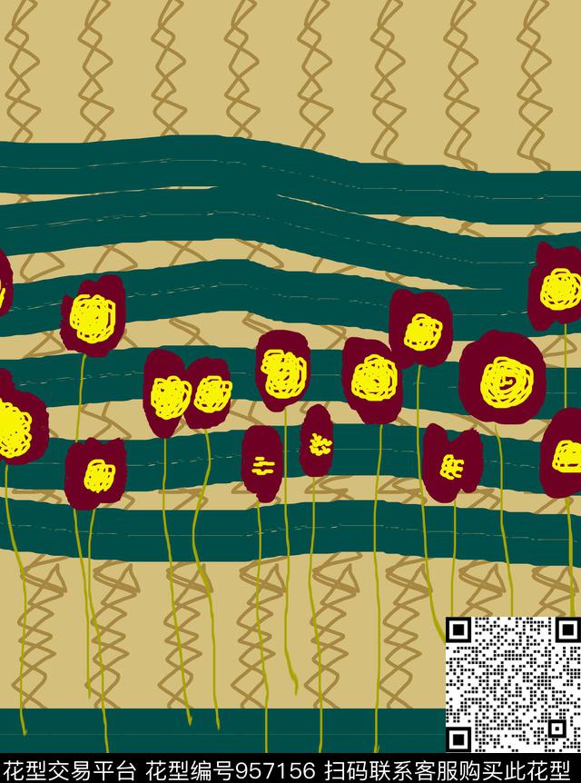 条纹趣味手绘花卉传统印花华亿平台下载（图片编号: 957156） - 瓦栏（Walan）