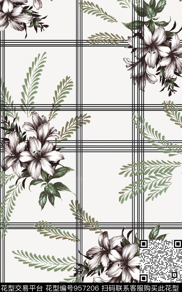 线条手绘花卉百合数码印花华亿平台下载（图片编号: 957206） - 瓦栏（Walan）