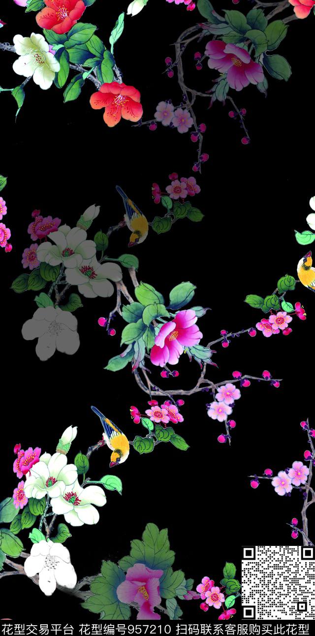 大牌风连枝蔓花卉数码印花华亿平台下载（图片编号: 957210） - 瓦栏（Walan）