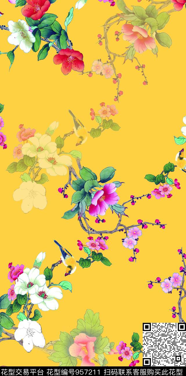 大牌风连枝蔓花卉数码印花华亿平台下载（图片编号: 957211） - 瓦栏（Walan）