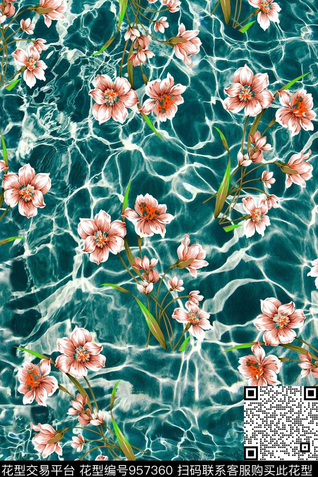 波浪纹花卉兰花数码印花华亿平台下载（图片编号: 957360） - 瓦栏（Walan）