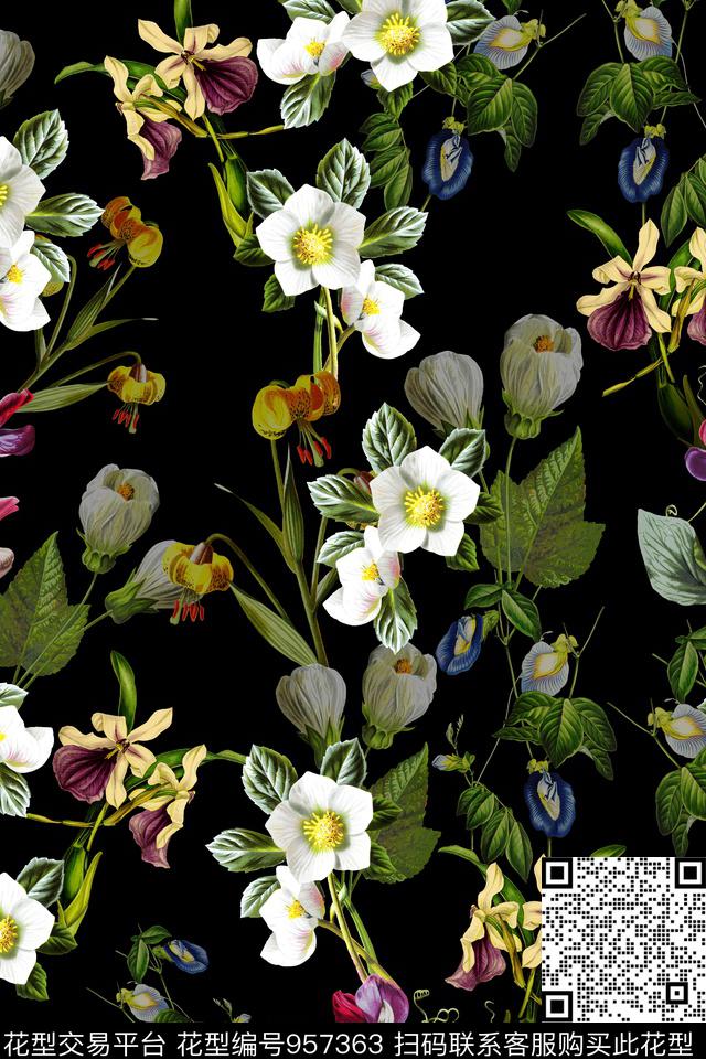 黑底花卉数码华亿平台文艺数码印花华亿平台下载（图片编号: 957363） - 瓦栏（Walan）
