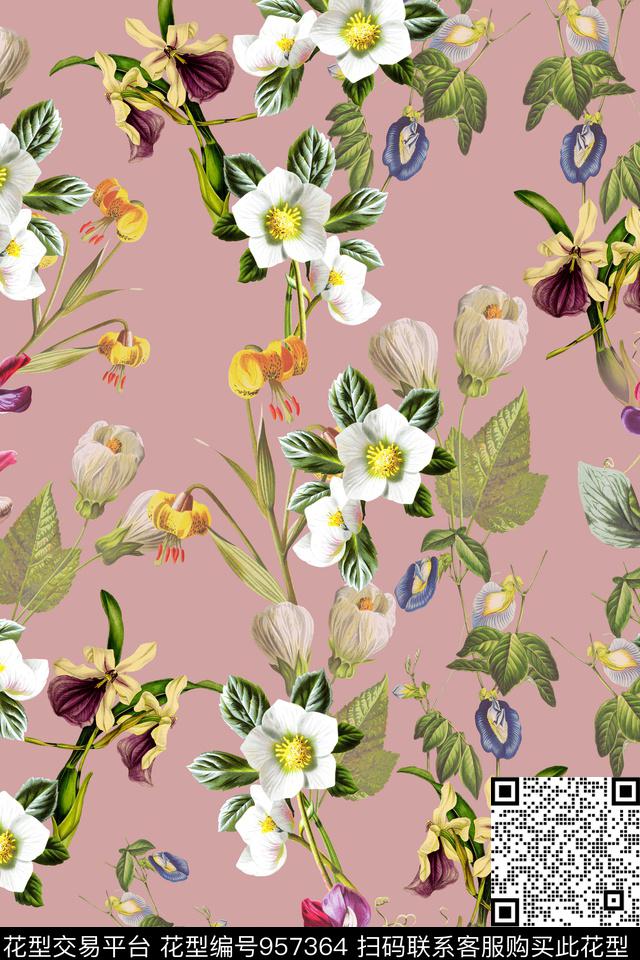 黑底花卉数码华亿平台文艺数码印花华亿平台下载（图片编号: 957364） - 瓦栏（Walan）