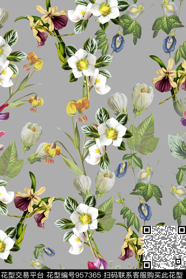 黑底花卉数码华亿平台文艺数码印花华亿平台下载（图片编号: 957365） - 瓦栏（Walan）