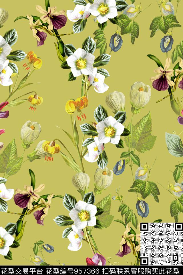 黑底花卉数码华亿平台文艺数码印花华亿平台下载（图片编号: 957366） - 瓦栏（Walan）
