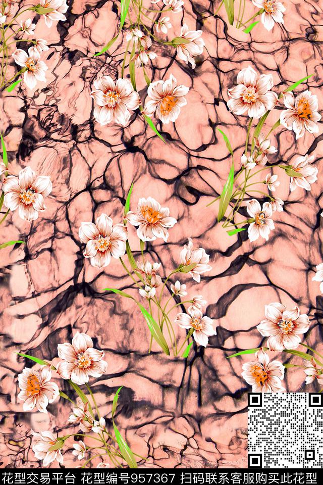 波浪纹花卉兰花数码印花华亿平台下载（图片编号: 957367） - 瓦栏（Walan）