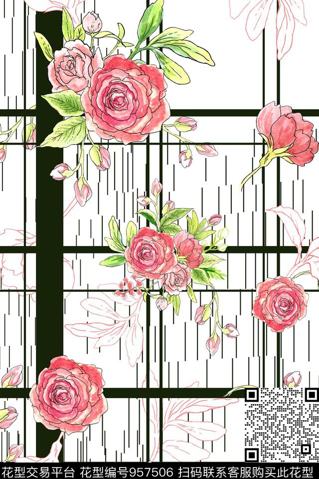 格子手绘花卉花卉数码印花华亿平台下载（图片编号: 957506） - 瓦栏（Walan）