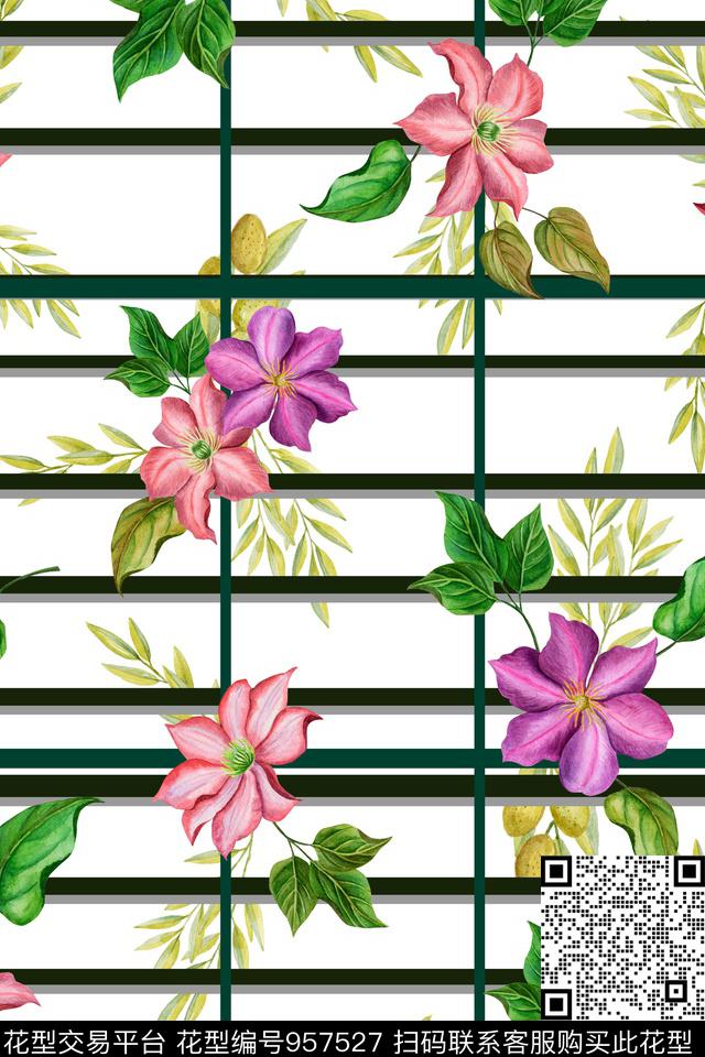 格子手绘花卉花卉数码印花华亿平台下载（图片编号: 957527） - 瓦栏（Walan）