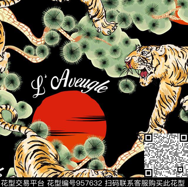 黑底花卉抽象男装大牌风数码印花华亿平台下载（图片编号: 957632） - 瓦栏（Walan）