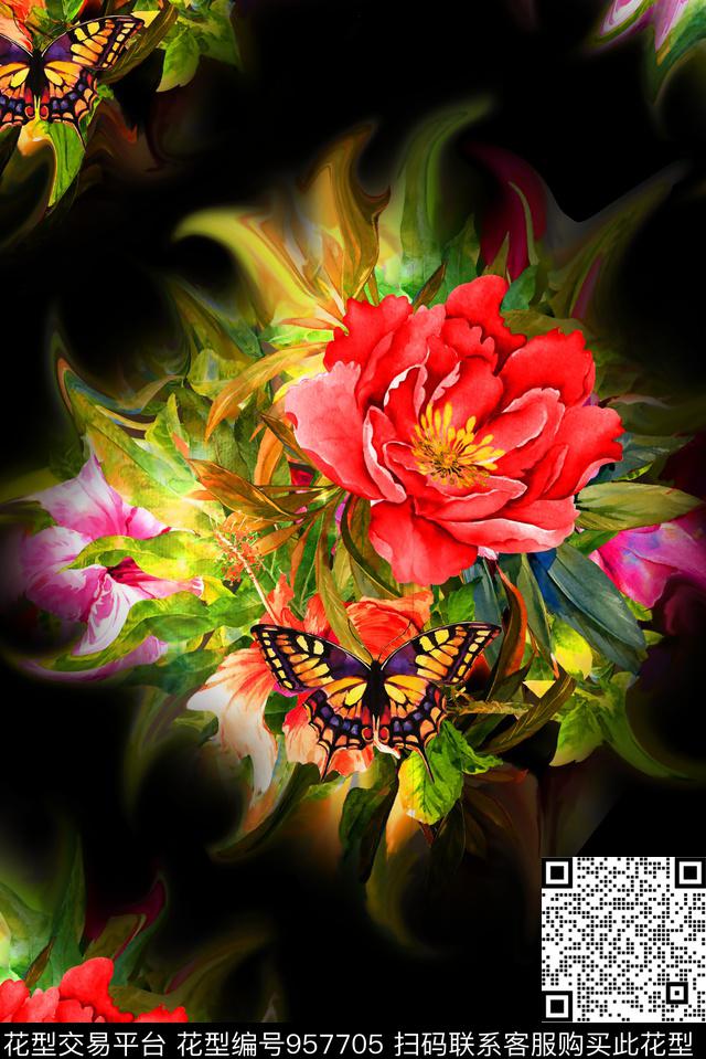 黑底花卉数码华亿平台女装数码印花华亿平台下载（图片编号: 957705） - 瓦栏（Walan）