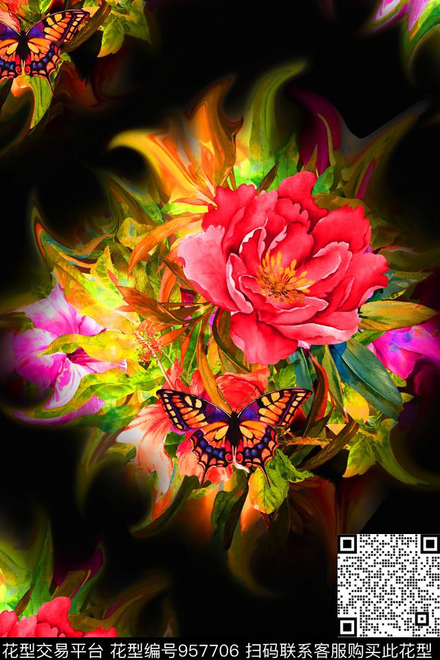 黑底花卉数码华亿平台女装数码印花华亿平台下载（图片编号: 957706） - 瓦栏（Walan）