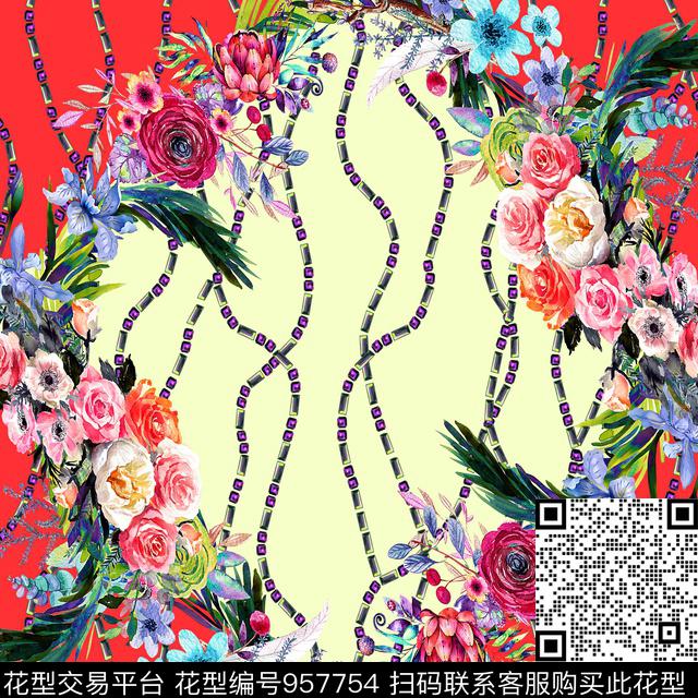 90方巾宝石链条手绘花卉数码印花华亿平台下载（图片编号: 957754） - 瓦栏（Walan）