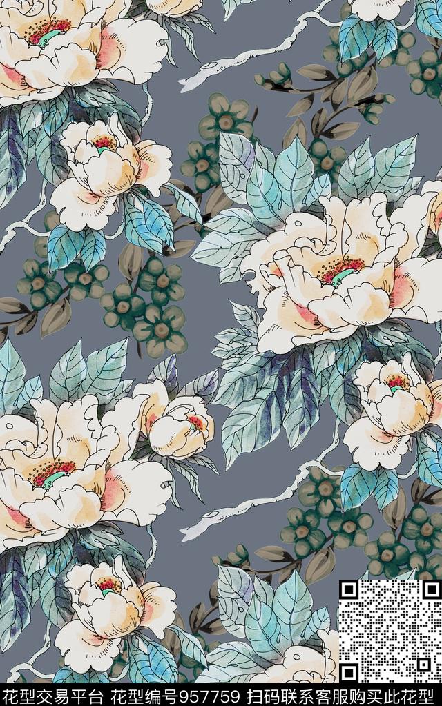 线条水彩花卉清爽底花卉数码印花华亿平台下载（图片编号: 957759） - 瓦栏（Walan）