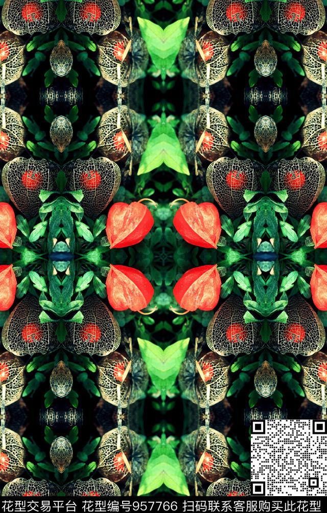趣味花卉对称花数码印花华亿平台下载（图片编号: 957766） - 瓦栏（Walan）
