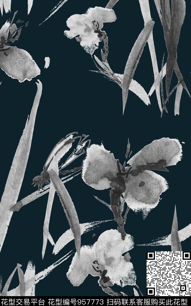 肌理笔触清爽底花卉数码印花华亿平台下载（图片编号: 957773） - 瓦栏（Walan）