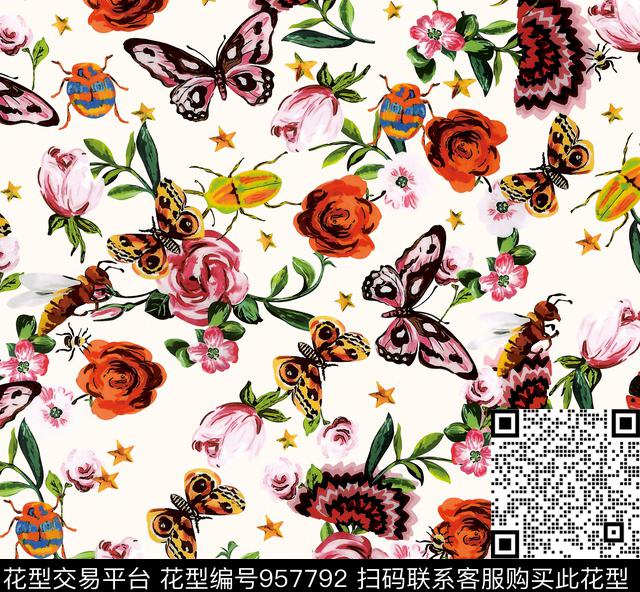 昆虫手绘花卉花卉数码印花华亿平台下载（图片编号: 957792） - 瓦栏（Walan）
