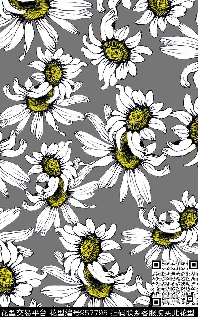 小碎花线条花卉清爽底花卉数码印花华亿平台下载（图片编号: 957795） - 瓦栏（Walan）