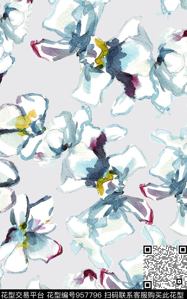 小碎花线条花卉水彩花卉数码印花华亿平台下载（图片编号: 957796） - 瓦栏（Walan）