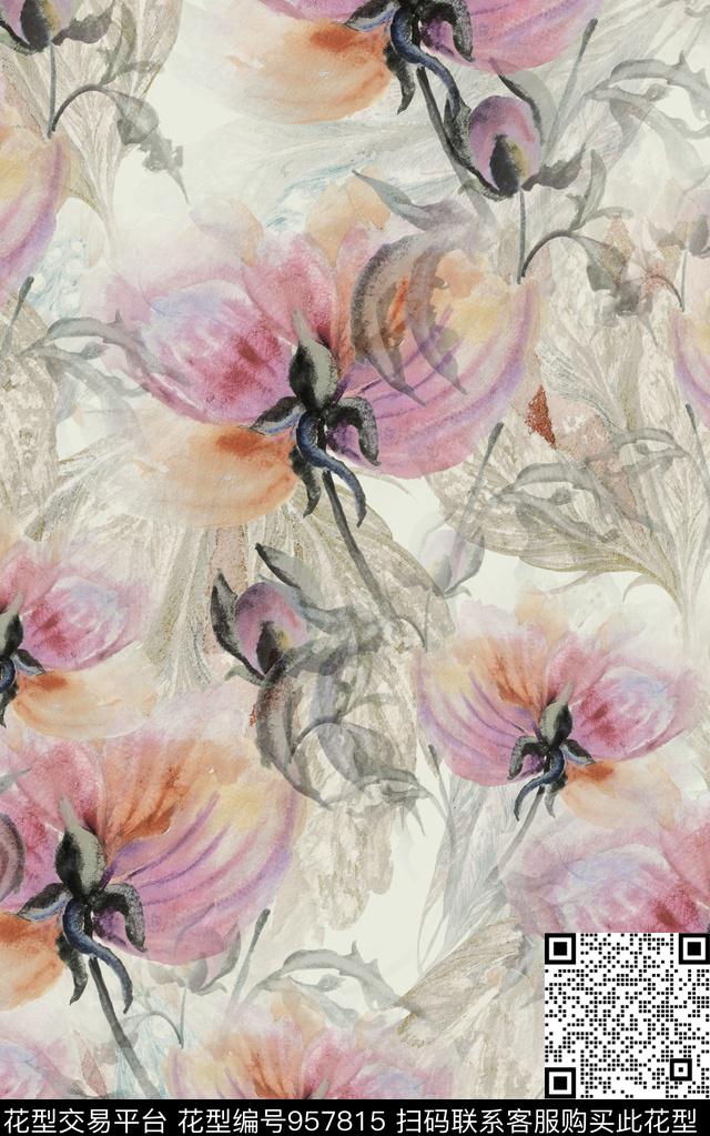 朦胧花卉水彩花卉抽象花卉数码印花华亿平台下载（图片编号: 957815） - 瓦栏（Walan）