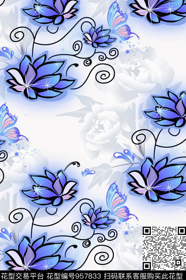 玫瑰花蝴蝶水墨风数码印花华亿平台下载（图片编号: 957833） - 瓦栏（Walan）