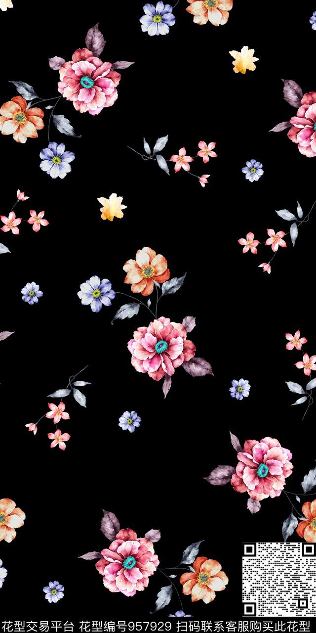 黑底花卉小碎花手绘花卉数码印花华亿平台下载（图片编号: 957929） - 瓦栏（Walan）