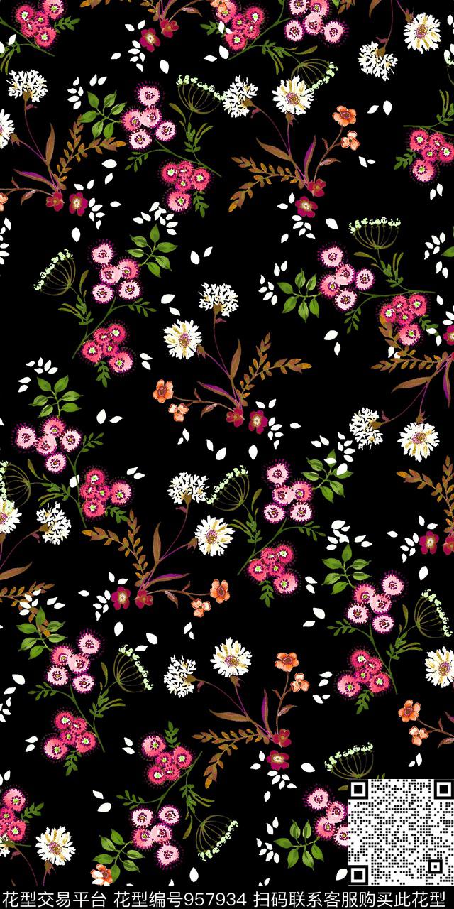 黑底花卉小碎花满版散花数码印花华亿平台下载（图片编号: 957934） - 瓦栏（Walan）