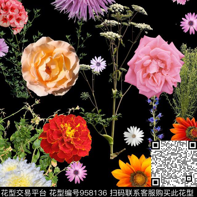 黑底花卉女装大牌风数码印花华亿平台下载（图片编号: 958136） - 瓦栏（Walan）