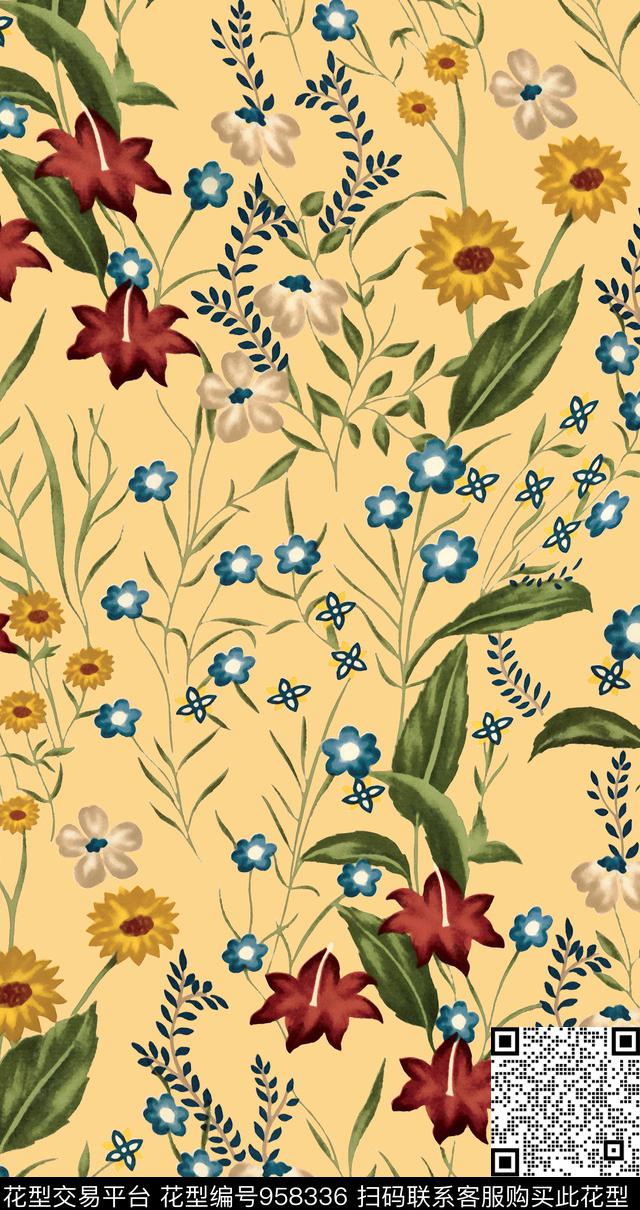 小碎花水彩花卉手绘花卉数码印花华亿平台下载（图片编号: 958336） - 瓦栏（Walan）