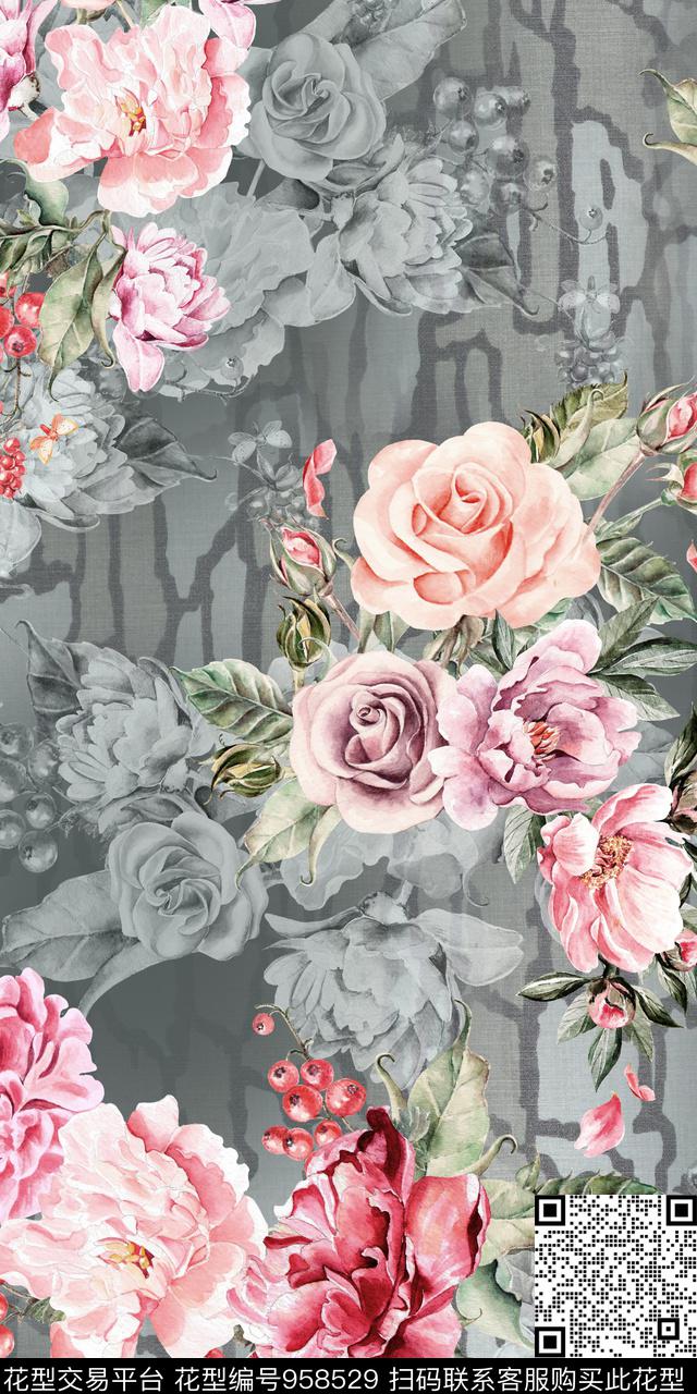 手绘花卉迪拜花卉满版散花数码印花华亿平台下载（图片编号: 958529） - 瓦栏（Walan）