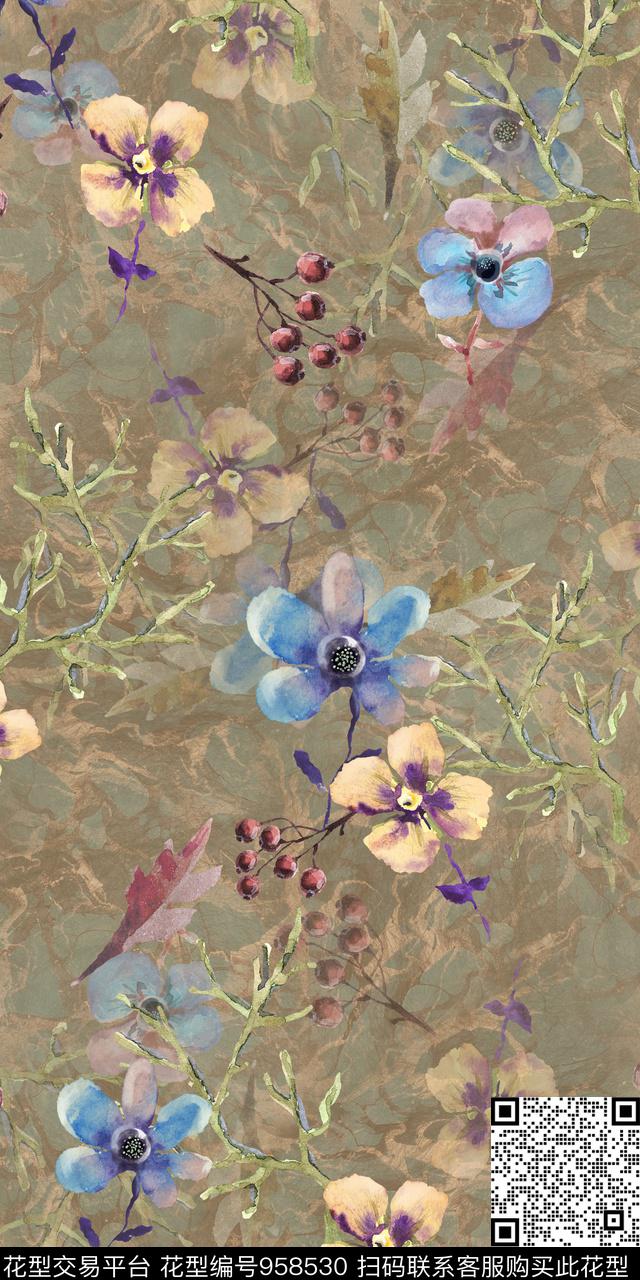 小碎花手绘花卉满版散花数码印花华亿平台下载（图片编号: 958530） - 瓦栏（Walan）