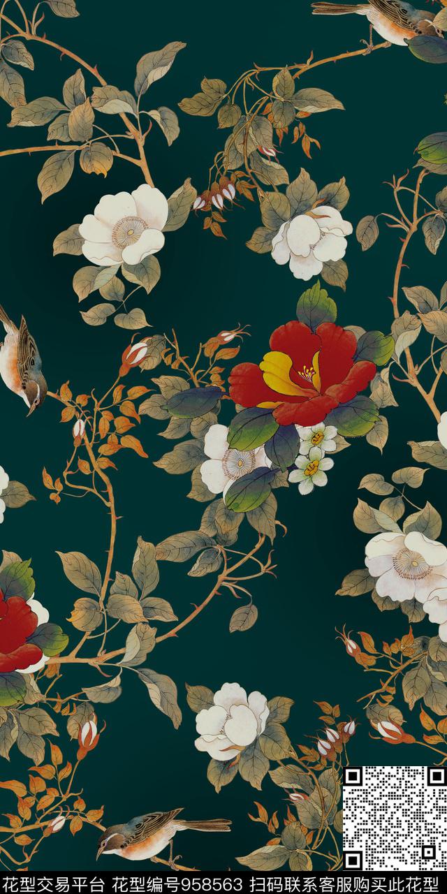 香云纱花卉大牌风数码印花华亿平台下载（图片编号: 958563） - 瓦栏（Walan）