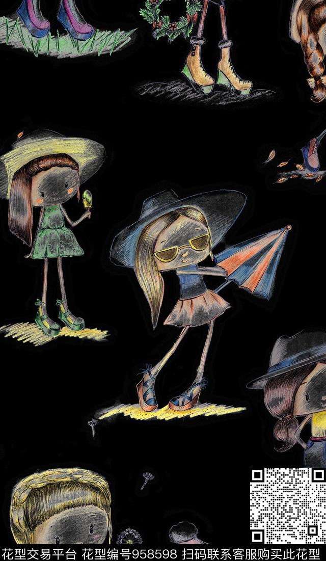 卡通小姑娘手绘花卉数码印花华亿平台下载（图片编号: 958598） - 瓦栏（Walan）