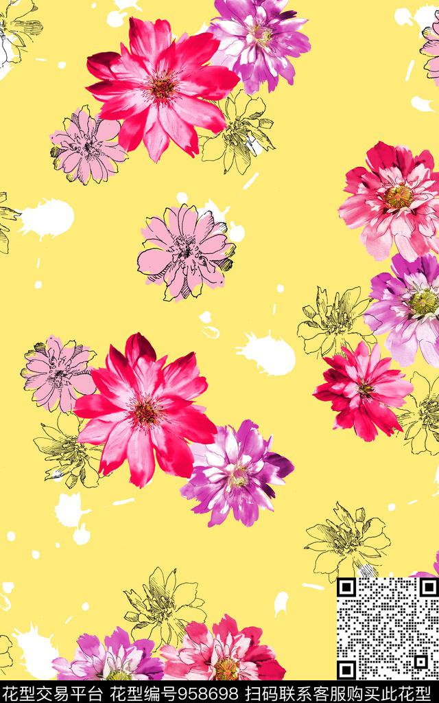 泼墨线条花卉花卉数码印花华亿平台下载（图片编号: 958698） - 瓦栏（Walan）