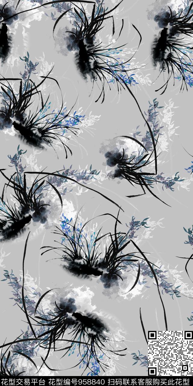 数码华亿平台水墨风花卉数码印花华亿平台下载（图片编号: 958840） - 瓦栏（Walan）