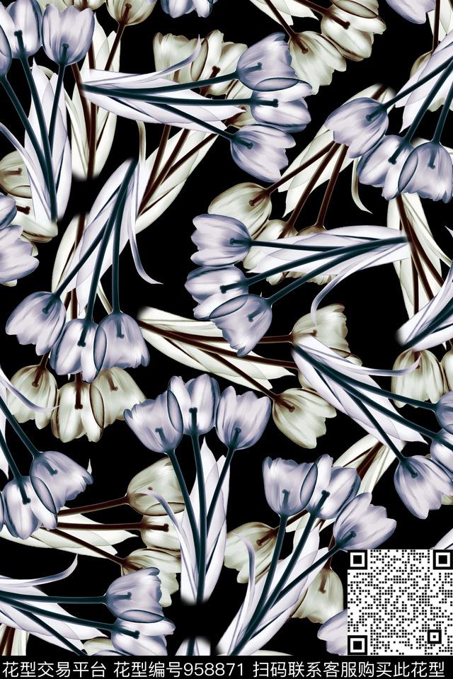 黑底花卉数码华亿平台大牌风数码印花华亿平台下载（图片编号: 958871） - 瓦栏（Walan）
