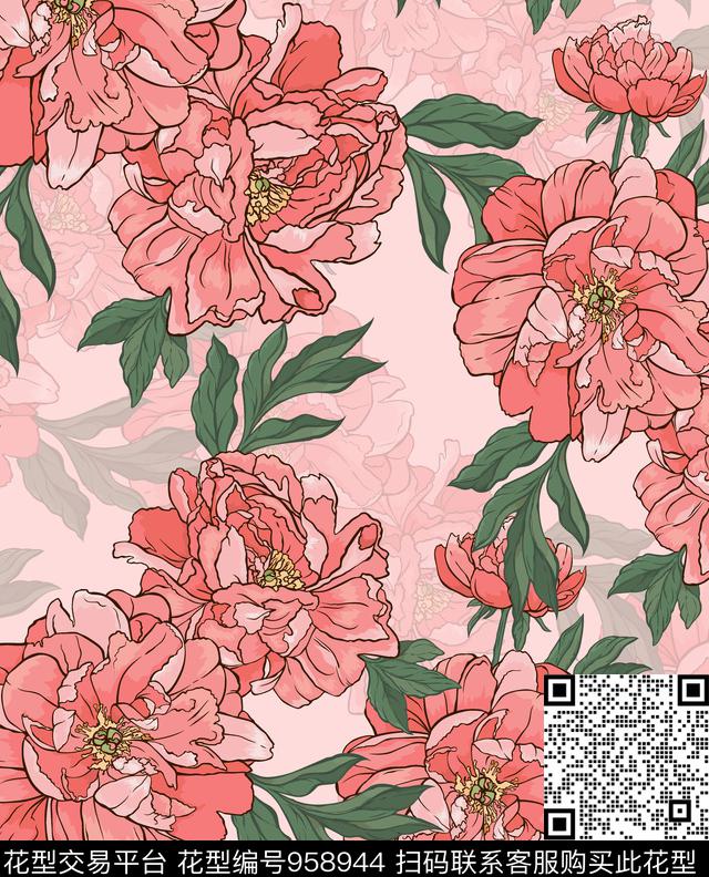 牡丹花卉玫瑰花数码印花华亿平台下载（图片编号: 958944） - 瓦栏（Walan）