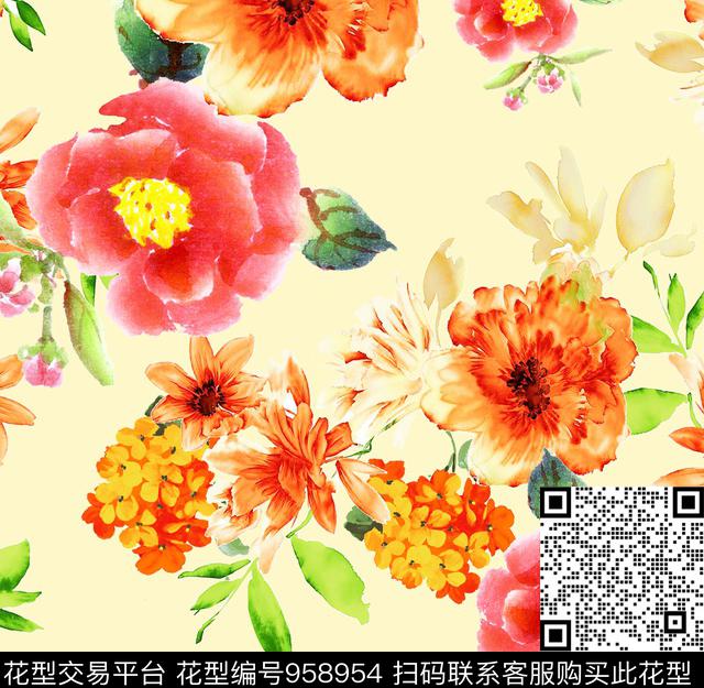 泼墨彩底花卉手绘花卉数码印花华亿平台下载（图片编号: 958954） - 瓦栏（Walan）